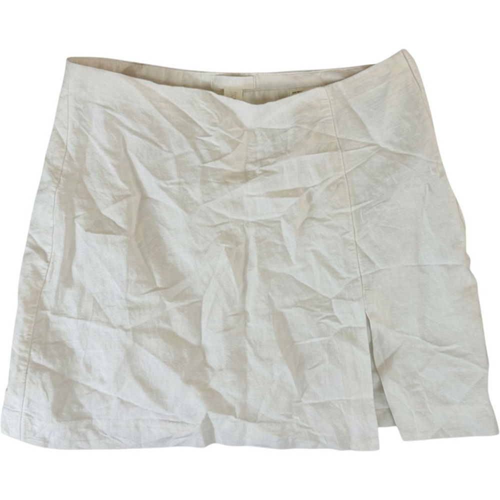 H&M White Linen Blend Mini Skirt Side Slit Coastal Minimalist Size M